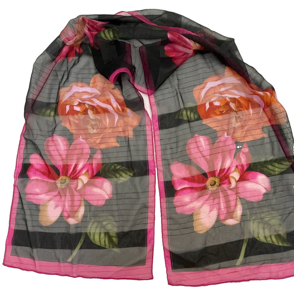 Sheer Floral Scarf Large Pink Red Flowers 57"x13" Rectangle Lightweight